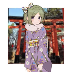 Rule 34 | 1girl, alternate costume, alternate hair length, alternate hairstyle, arms at sides, bare tree, blush, bow, cherry blossom print, closed mouth, commentary request, day, eyes visible through hair, floral print, framed, green hair, hair bow, japanese clothes, kagerou project, kido tsubomi, kimono, koyon, light frown, looking to the side, mekakucity actors, multicolored bow, obi, obijime, outdoors, outside border, photo background, print kimono, purple eyes, purple kimono, sash, short hair, sideways glance, solo, torii, tree, two-tone sash, upper body, white sash, wide sleeves, yellow sash