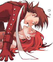Rule 34 | 00s, artist request, blush, brown eyes, brown hair, buttons, gloves, lloyd irving, long hair, lowres, male focus, open mouth, red hair, short hair, shy, surprised, sweatdrop, tales of (series), tales of symphonia, yaoi, zelos wilder