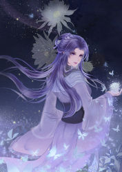 Rule 34 | 1girl, absurdres, back, bug, butterfly, china dress, chinese clothes, dress, flower, highres, insect, long hair, looking back, needle, night, purple eyes, purple hair, qinshi mingyue, sideways glance, smile, zi nu zhuye jun
