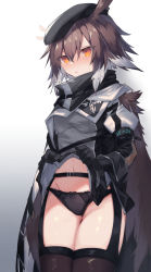 Rule 34 | ahoge, arknights, armband, beret, black gloves, black hat, black panties, black scarf, black thighhighs, blush, bow, bow panties, brown cape, brown hair, cape, clothes lift, cowboy shot, feathers, garter belt, gloves, gluteal fold, gradient background, grey background, grey shirt, groin, hat, highres, infection monitor (arknights), looking at viewer, navel, panties, parted lips, plume (arknights), sasa onigiri, scarf, shirt, shirt lift, short hair, solo, sweatdrop, thighhighs, thighs, underwear, yellow eyes