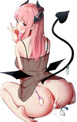 Rule 34 | 1girl, :q, amano don, ass, bare shoulders, barefoot, breasts, closed mouth, condom, cum, demon girl, demon horns, demon tail, eve.ch, eve valerne, fellatio gesture, from behind, highres, horns, indie virtual youtuber, long hair, looking at viewer, looking back, medium breasts, mini wings, pink eyes, pink hair, pointy ears, see-through, sidelocks, simple background, sitting, smile, solo, sweat, tail, tongue, tongue out, used condom, virtual youtuber, wariza, white background, wings
