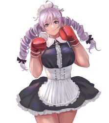 Rule 34 | 1girl, 6maker, :/, apron, boxing gloves, breasts, character request, feet out of frame, fighting stance, grey eyes, grey hair, highres, large breasts, long hair, maid, maid apron, maid headdress, mole, mole under mouth, skirt, smile, source request, twintails, white background
