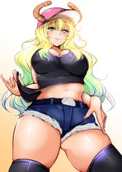 Rule 34 | 10s, 1girl, absurdres, agetama, bad hands, bare shoulders, baseball cap, belt, black thighhighs, blonde hair, blush, breasts, cleavage, clothes pull, denim, denim shorts, dragon girl, dragon horns, gradient hair, green hair, half-closed eyes, hand on own thigh, hat, heterochromia, highres, horns, kobayashi-san chi no maidragon, large breasts, lips, lipstick, long hair, looking at viewer, lucoa (maidragon), makeup, multicolored hair, nail polish, navel, parted lips, pink lips, pink nails, shirt pull, short shorts, shorts, simple background, smile, solo, standing, stomach, symbol-shaped pupils, tank top, thick thighs, thighhighs, thighs, white background, yellow eyes