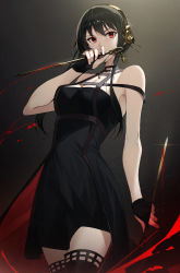 Rule 34 | 1girl, bare arms, bare shoulders, black background, black dress, black gloves, black hair, black thighhighs, breasts, cleavage, commentary, cowboy shot, dagger, dress, dual wielding, earrings, fingerless gloves, gloves, hairband, highres, holding, holding weapon, jewelry, knife, large breasts, long hair, looking at viewer, raitho, red eyes, reverse grip, sidelocks, solo, spy x family, standing, stiletto (weapon), thighhighs, weapon, yor briar