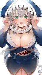 Rule 34 | 2girls, absurdres, blush, breasts, cleavage, commentary request, cosplay, drawstring, gawr gura, gawr gura (1st costume), gawr gura (cosplay), green eyes, grey hair, hair between eyes, highres, hololive, hololive english, large breasts, looking at viewer, multicolored hair, multiple girls, open mouth, sanasedayo, shadow, shirogane noel, spoken letter, streaked hair, teeth, upper teeth only, virtual youtuber