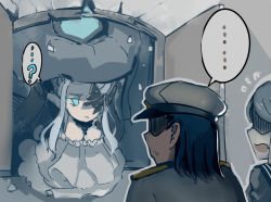 Rule 34 | ..., 10s, 1boy, 2girls, ?, abyssal admiral (kancolle), abyssal jellyfish princess, abyssal ship, admiral (kancolle), black hair, blue eyes, breasts, cleavage, comic, dress, epaulettes, frilled dress, frills, grey hair, hat, hidden eyes, kantai collection, large breasts, long hair, military, military uniform, multiple girls, one eye covered, open mouth, peaked cap, sailor collar, sailor shirt, shaded face, shirt, spoken ellipsis, spoken question mark, surprised, ta-class battleship, uniform, walzrj, window
