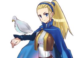 Rule 34 | 1girl, animal, animal on arm, bad id, bad pixiv id, bangs pinned back, belt, bird, bird on arm, blonde hair, blue eyes, cape, dove, fingernails, gender request, genderswap, hair ornament, hair strand, hairband, holding, holding animal, kuzuaki, long hair, long sleeves, looking at viewer, noah (p&amp;d), ponytail, puzzle &amp; dragons, simple background, smile, solo, white background