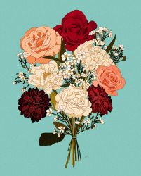 Rule 34 | blue background, bouquet, brown flower, commentary, commission, english commentary, flower, flower request, highres, leaf, libbyframe, no humans, original, pink flower, pink rose, plant, red flower, red rose, rose, signature, simple background, still life, white flower