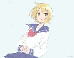 Rule 34 | 1girl, blue background, blue sailor collar, blue skirt, bow, brown eyes, commentary request, ichii yui, light brown hair, long sleeves, looking at viewer, parted lips, pleated skirt, red bow, sailor collar, school uniform, school uniform (yuyushiki), serafuku, shirt, short hair, signature, simple background, skirt, solo, steepled fingers, umiroku, white shirt, yuyushiki