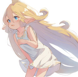 Rule 34 | 1girl, blonde hair, blue eyes, charlotta (granblue fantasy), collarbone, crown, dress, granblue fantasy, hair between eyes, harvin, highres, long hair, mote max, open mouth, pointy ears, simple background, sleeveless, sleeveless dress, solo, standing, teeth, thighs, upper teeth only, very long hair, white background, white dress