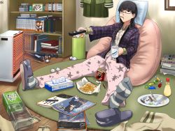 Rule 34 | 10s, 1girl, bean bag, bean bag chair, bedroom, book, bookshelf, braid, brand name imitation, candy wrapper, controller, cup, fluffy legwear, food, fork, fuzzy footwear, fuzzy socks, glasses, hair over shoulder, heater, highres, houshou (kancolle), inazuma (kancolle), indoors, kantai collection, kitakami (kancolle), magazine (object), messy room, mouth hold, mug, noica, oil can, ooi (kancolle), open magazine, pajamas, paper balls, plate, pocky, print pajamas, remote control, ro-class destroyer, shouhou (kancolle), single braid, slippers, socks, solo, squeeze bottle, star (symbol), star print, striped clothes, striped socks, tenryuu (kancolle), tissue, tissue box, torpedo, trash can