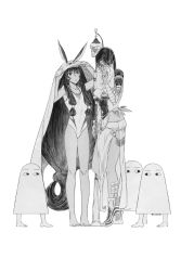 Rule 34 | animal ears, bad id, bad twitter id, barefoot, black hair, circlet, cosplay, dark-skinned female, dark skin, fate/grand order, fate (series), greyscale, jewelry, long hair, medjed (fate), medjed (fate) (cosplay), monochrome, nitocris (fate), nitocris (swimsuit assassin) (second ascension) (fate), nor (reader13), one-piece swimsuit, profile, rabbit ears, scheherazade (fate), sidelocks, skirt, staff, swimsuit, veil, very long hair