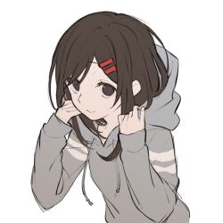 Rule 34 | 1girl, adjusting clothes, adjusting hood, alternate costume, b (bgoldmole), brown eyes, brown hair, closed mouth, commentary, drawstring, empty eyes, enpera, grey hoodie, hair ornament, hair over one eye, hairclip, highres, hood, hood down, hoodie, kagerou project, long hair, looking at viewer, no scarf, parted bangs, scarf, sideways glance, simple background, smile, solo, striped clothes, striped hoodie, tateyama ayano, two-tone hoodie, upper body, white background, white stripes