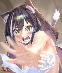 Rule 34 | 1girl, animal ear fluff, animal ears, areola slip, black hair, blush, breasts, cat ears, cat tail, commentary request, completely nude, covering privates, covering breasts, embarrassed, fangs, foreshortening, green eyes, haishima xv, highres, karyl (princess connect!), long hair, low twintails, medium breasts, motion blur, nude, open mouth, princess connect!, signature, solo, tail, teeth, towel, twintails, upper body