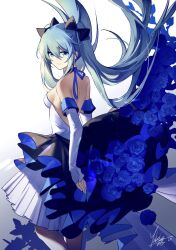 Rule 34 | 1girl, 2023, backless dress, backless outfit, black bow, blue eyes, blue flower, blue hair, blue ribbon, blue rose, bow, chinese commentary, closed mouth, commentary request, detached sleeves, dress, floating hair, flower, from side, gradient background, hair bow, hatsune miku, highres, long hair, long sleeves, looking at viewer, pleated dress, ribbon, rose, short dress, signature, sleeveless, sleeveless dress, sleeves past wrists, solo, standing, twintails, very long hair, vocaloid, white background, white dress, white sleeves, yukleeeee