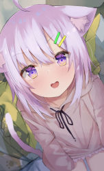 Rule 34 | 1girl, :d, ahoge, alternate costume, animal ear fluff, animal ears, blush, breasts, cat ears, cat tail, commentary, cowboy shot, dutch angle, eureka 814, hair between eyes, hair ornament, hairclip, highres, hololive, hood, hoodie, light purple hair, looking at viewer, medium hair, nekomata okayu, open mouth, purple eyes, small breasts, smile, solo, symbol-only commentary, tail, thighs, virtual youtuber, white hoodie