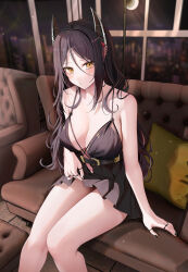 Rule 34 | 1girl, arknights, bare arms, bare shoulders, black hair, black nails, blush, breasts, cleavage, couch, feet out of frame, hair between eyes, highres, horns, indoors, ines (arknights), large breasts, looking at viewer, nail polish, parted lips, pillow, ru zhai, sitting, solo, thighs, window, yellow eyes