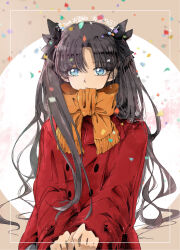 Rule 34 | 1girl, black bow, black hair, blue eyes, bow, buttons, coat, commentary request, confetti, fate/stay night, fate (series), hair bow, highres, long sleeves, looking at viewer, orange scarf, parted lips, red coat, scarf, scarf bow, simple background, solo, sui (suimiiin9), tohsaka rin, twitter username, two side up, upper body