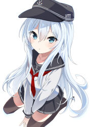 Rule 34 | 1girl, anchor symbol, between legs, black sailor collar, black thighhighs, blue eyes, blush, fathom, flat cap, grey hair, hand between legs, hat, hibiki (kancolle), highres, kantai collection, long hair, looking at viewer, neckerchief, pleated skirt, red neckerchief, sailor collar, school uniform, serafuku, simple background, sitting, skirt, solo, thighhighs, wariza
