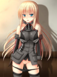 Rule 34 | 10s, 1girl, bare shoulders, bismarck (kancolle), black panties, blonde hair, blue eyes, blush, bottomless, breasts, collarbone, cowboy shot, elbow gloves, gloves, halterneck, hanazome dotera, unworn headwear, indoors, kantai collection, large breasts, long hair, looking at viewer, military, military uniform, no headwear, no headwear, open mouth, panties, panty pull, pussy, pussy juice, shadow, sideboob, sleeveless, smile, solo, uncensored, underwear, uniform, very long hair