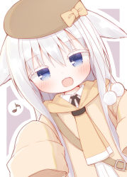 Rule 34 | 1girl, :d, ?, animal ears, ayanepuna, beret, black ribbon, blue eyes, bow, brown bow, brown hat, brown jacket, brown neckwear, collared shirt, commentary request, dress shirt, dutch angle, grey background, hair between eyes, hands up, hat, hat bow, highres, jacket, long sleeves, looking at viewer, neck ribbon, necktie, open mouth, original, outline, ribbon, shio (ayanepuna), shirt, silver hair, sleeves past fingers, sleeves past wrists, smile, solo, spoken question mark, two-tone background, upper body, white background, white outline, white shirt, yellow necktie