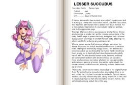 Rule 34 | 1girl, barefoot, character profile, collar, demon, demon girl, english text, fur, hard-translated, horns, kenkou cross, lesser succubus, monster girl, monster girl encyclopedia, official art, pink hair, purple hair, red eyes, solo, tail, third-party edit, translated, wings