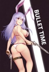 Rule 34 | 1girl, animal ears, ass, back, bare arms, bare back, bare legs, bare shoulders, bikini, biting own lip, breasts, buckle, cartridge, english text, from behind, gun, hair between eyes, halterneck, handgun, highres, holding, holding gun, holding weapon, killing floor, killing floor 2, large breasts, long hair, looking at viewer, looking back, m500, mochi (chain csn), parted lips, purple hair, rabbit ears, red eyes, reisen udongein inaba, revolver, shell casing, side-tie bikini bottom, sideboob, smile, solo, standing, strap gap, swimsuit, thigh strap, touhou, trigger discipline, two-tone background, weapon, white bikini