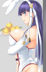 Rule 34 | 1girl, animal ears, apple, bare shoulders, blue eyes, blush, breast hold, breasts, bursting breasts, cleavage, cowboy shot, crossed arms, elbow gloves, fake animal ears, fate/grand order, fate (series), food, fruit, gachou, gloves, golden apple, grey background, high heels, large breasts, leotard, long hair, looking at viewer, looking to the side, martha (fate), playboy bunny, purple hair, rabbit ears, rabbit tail, shiny skin, shoes, sideboob, simple background, solo, standing, tail, tray, wrist cuffs