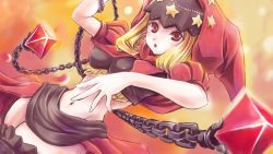 Rule 34 | 1girl, blonde hair, brown eyes, chain, cowboy shot, crystal, dutch angle, highres, hood, juliet sleeves, long sleeves, looking at viewer, midriff, navel, odin sphere, puffy sleeves, rito (ritostyle), solo, star (symbol), upper body, velvet (odin sphere), weapon
