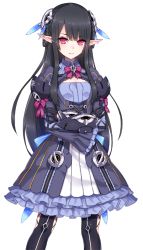 Rule 34 | 1girl, anette (pso2), annette (pso2), black hair, blunt bangs, blush, bow, braid, breasts, cleavage cutout, clothing cutout, crossed arms, dress, eyebrows, frilled skirt, frilled sleeves, frills, hair ornament, hairclip, long hair, long sleeves, looking at viewer, multiple braids, nidy, phantasy star, phantasy star online 2, pleated skirt, pointy ears, red eyes, ribbon-trimmed clothes, ribbon trim, simple background, skirt, small breasts, solo, swept bangs, thighhighs, twin braids, white background