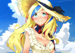 Rule 34 | 1girl, blonde hair, blue eyes, blue hair, blush, breasts, cleavage, closed mouth, cloud, cloudy sky, commandant teste (kancolle), dated, day, dress, hat, highres, izumikuma, kantai collection, large breasts, long hair, looking at viewer, multicolored hair, red hair, sky, sleeveless, sleeveless dress, smile, solo, straw hat, streaked hair, sun hat, twitter username, upper body, white dress