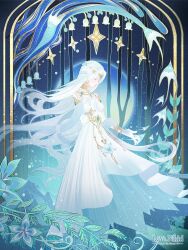 Rule 34 | abstract background, arch, choker, closed eyes, commentary, copyright name, dress, earrings, elbow gloves, english commentary, fish, flower, full moon, gloves, hand on own chest, highres, jewelry, leaf, long dress, long hair, miracle nikki, moon, official art, slips, solo, star (symbol), tiara, tree, white dress, white gloves, white hair, wind