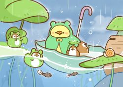 Rule 34 | :3, :d, absurdres, animal focus, bird, chick, commentary request, eurasian tree sparrow, fantasy, floating, foodieg, frog, highres, leaf, log, no humans, open mouth, original, rain, raincoat, scenery, smile, snail, sparrow, tadpole, umbrella, underwater, water drop