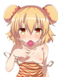 Rule 34 | 1girl, bad id, bad pixiv id, bare shoulders, blonde hair, blush, closed mouth, collarbone, condom, condom in mouth, condom wrapper, double bun, dress, flat chest, hair between eyes, hair bun, heart, heart-shaped pupils, kounosu satori, looking at viewer, md5 mismatch, mouth hold, nipples, nuclear iii, off shoulder, pic k, short hair, simple background, solo, strap slip, striped clothes, striped dress, sweat, symbol-shaped pupils, viprpg, white background, yellow eyes