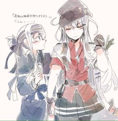Rule 34 | 2girls, ainu clothes, bad id, bad twitter id, belt, black gloves, blue hair, blush, comic, dress, closed eyes, facial scar, gangut (kancolle), gloves, grey hair, hair between eyes, hair ornament, hairclip, hat, headband, itomugi-kun, jacket, jacket on shoulders, kamoi (kancolle), kantai collection, long hair, military, military hat, military uniform, miniskirt, multicolored hair, multiple girls, naval uniform, open mouth, pantyhose, peaked cap, ponytail, reading, red eyes, red shirt, remodel (kantai collection), scar, scar on cheek, scar on face, shirt, simple background, skirt, translation request, uniform, white hair