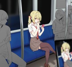 Rule 34 | 1girl, blonde hair, blouse, blurry, blurry foreground, blush, brown footwear, brown thighhighs, cellphone, choker, collared shirt, commentary request, crowd, gishu, hair intakes, hair ribbon, heterochromia, holding, holding phone, hoshikawa sara, licking, licking finger, long hair, necktie, nijisanji, phone, plaid, plaid skirt, public indecency, pussy juice, pussy juice stain, red choker, red eyes, red necktie, red ribbon, ribbon, shirt, short sleeves, sitting, skirt, smartphone, solo focus, sweat, taking picture, thighhighs, train interior, virtual youtuber, white shirt, yellow eyes