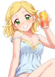 Rule 34 | 1girl, aikatsu!, aikatsu! (series), bare legs, blonde hair, blush, breasts, camisole, can, cleavage, collarbone, green eyes, grin, hair down, hair ornament, hairpin, head tilt, highres, holding, holding can, long hair, looking at viewer, sekina, shinjo hinaki, simple background, sitting, sleeveless, small breasts, smile, solo, spaghetti strap, strap slip, upper body, white background