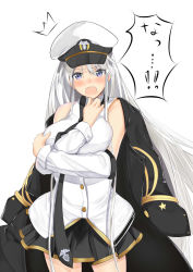 Rule 34 | 1girl, :o, azur lane, black skirt, blouse, blue eyes, blush, breasts, collared shirt, commentary request, detached sleeves, enterprise (azur lane), hat, highres, jacket, jacket on shoulders, large breasts, long hair, loose necktie, military hat, miniskirt, necktie, peaked cap, pleated skirt, schreibe shura, shirt, silver hair, skirt, sleeveless, sleeveless shirt, solo, translation request, white hat