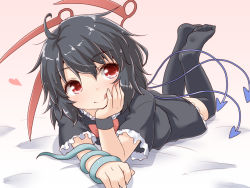 Rule 34 | 1girl, black dress, black hair, black thighhighs, dress, gradient background, head rest, heart, houjuu nue, legs up, licking lips, looking at viewer, lying, natsu no koucha, on stomach, red eyes, short sleeves, smile, snake, solo, the pose, thighhighs, tongue, tongue out, touhou