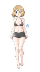 Rule 34 | 1girl, absurdres, alternate costume, bare arms, barefoot, bike shorts, bikini, bikini top only, blonde hair, blue eyes, blush, breasts, cleavage, collarbone, commentary request, creatures (company), eyelashes, full body, game freak, highres, knees, legs, medium breasts, medium hair, navel, nintendo, open mouth, pokemon, pokemon (anime), pokemon xy (anime), serena (pokemon), simple background, smile, solo, swimsuit, tax2rin, toes, white background