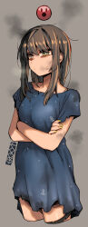 Rule 34 | 1girl, anchor symbol, blue dress, bra strap, brown hair, closed mouth, commentary request, cowboy shot, cropped legs, crossed arms, dress, ergot, fubuki (kancolle), fubuki (spring mode) (kancolle), fubuki kai ni (kancolle), gameplay mechanics, green eyes, green nails, grey background, hair down, kantai collection, long hair, looking at viewer, nail polish, official alternate costume, official alternate hairstyle, pout, short sleeves, sidelocks, signature, simple background, smoke, solo, standing, torn clothes