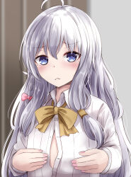 Rule 34 | 1girl, :c, absurdres, ahoge, blue eyes, blurry, blurry background, blush, bow, braid, closed mouth, collared shirt, commentary, dress shirt, elaina (majo no tabitabi), eyes visible through hair, fingernails, flat chest, frown, grabbing own breast, grey hair, hair between eyes, hair bow, highres, impossible clothes, indoors, izuminomitsuba, long hair, long sleeves, looking at viewer, low-tied long hair, majo no tabitabi, partially unbuttoned, pink bow, sad, shirt, sidelocks, single braid, solo, straight hair, tears, tsurime, upper body, white shirt, yellow bow