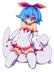 Rule 34 | 1girl, bad id, bad pixiv id, bare shoulders, blue hair, blush, covered navel, detached collar, detached sleeves, disgaea, flat chest, hairband, looking at viewer, metata, original, panties, pleinair, pointy ears, rabbit, red eyes, short hair, simple background, skin tight, solo, stuffed animal, stuffed toy, thighhighs, underwear, usagi-san, white background, white panties, white thighhighs