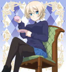 Rule 34 | 1girl, absurdres, ada badguy, black footwear, black pantyhose, blonde hair, blue background, blue eyes, blue skirt, blue sweater, braid, breasts, crossed legs, cup, darjeeling (girls und panzer), emblem, from below, girls und panzer, hair between eyes, highres, holding, holding cup, holding saucer, large breasts, loafers, long sleeves, looking at viewer, pantyhose, pleated skirt, saucer, school uniform, shoes, short hair, skirt, smile, solo, st. gloriana&#039;s (emblem), st. gloriana&#039;s school uniform, sweater, teacup, thighs, twin braids, v-neck