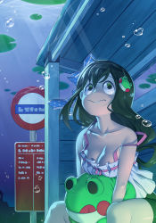 Rule 34 | 10s, 1girl, :&gt;, asui tsuyu, black hair, boku no hero academia, bow, breasts, bus stop, cleavage, collarbone, commentary request, frog girl, frog hair ornament, green eyes, green hair, green shorts, hair bow, hair ornament, hair rings, holding, in water, large breasts, lily pad, long hair, looking up, low-tied long hair, no bra, road sign, shirt, shorts, sign, sitting, smile, solo, strap slip, stuffed animal, stuffed toy, underwater, waha (artist), water, white shirt, wood