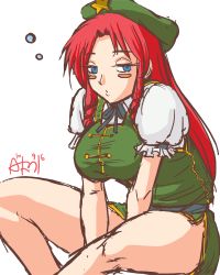 Rule 34 | 1girl, :o, belt, beret, between thighs, blue eyes, blush stickers, bow, bowtie, braid, china dress, chinese clothes, dress, female focus, green dress, hat, hong meiling, leaning forward, legs, long hair, looking at viewer, parted bangs, puffy short sleeves, puffy sleeves, red hair, short sleeves, side slit, simple background, sitting, sketch, sleepy, solo, star (symbol), touhou, twin braids, white background, yuro (yuroaoj)
