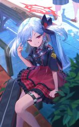 Rule 34 | 1girl, absurdres, blue archive, flower, frilled skirt, frills, ginlear, grey hair, hair flower, hair ornament, halo, high-waist skirt, highres, long hair, looking at viewer, mutsuki (blue archive), pointy ears, red skirt, ribbon, shirt, side ponytail, skirt, smile, solo, white hair
