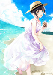Rule 34 | 1girl, bare arms, bare shoulders, barefoot, black hair, blue eyes, blush, breasts, brown headwear, coffee wo shizuka ni, collarbone, commentary request, cup, day, dress, drinking glass, drinking straw, holding, holding cup, ice, ice cube, looking at viewer, miyabi akino, mole, mole under eye, outdoors, parted lips, see-through, shizuka (coffee wo shizuka ni), short hair, sidelocks, skirt hold, sleeveless, sleeveless dress, small breasts, smile, solo, standing, white dress