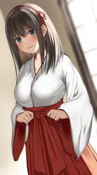 Rule 34 | 1girl, blue eyes, blurry, blurry background, blush, breasts, brown hair, collarbone, cowboy shot, depth of field, dutch angle, hair ribbon, hairband, hakama, highres, indoors, japanese clothes, kimono, kureha (ironika), large breasts, long hair, long sleeves, miko, original, parted lips, red hairband, red hakama, red ribbon, ribbon, solo, tsubasa (kureha), white kimono, wide sleeves, window