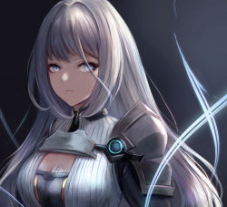 Rule 34 | 1girl, armor, blue eyes, breast tattoo, breasts, cleavage, cleavage cutout, closed mouth, clothing cutout, ethel (xenoblade), large breasts, leonmandala, long hair, looking at viewer, shoulder armor, solo, tattoo, very long hair, xenoblade chronicles (series), xenoblade chronicles 3
